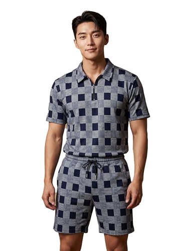 Image of Men's Printed Zip Polo Neck T-Shirt with Half Short Pant Co-ord Set Fabric, Stylish Printed Design, Comfortable Regular Fit