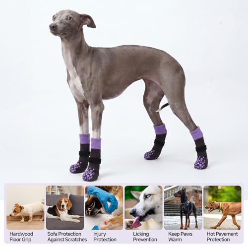 Image of ROZKITCH 2 Pairs Small Dog Socks, Soft Paw Protectors Dog Stop Licking Paws Anti Slip Socks Bandages for Paws Winter Warm Paw Covers to Stop Licking Pomeranian, Miniature Dachshund, Maltese Purple S