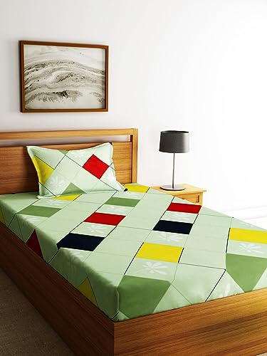 Image of Home Sizzler 210TC Colorful Geometry Red & Green Double Bedsheet with 1 Pillow Cover