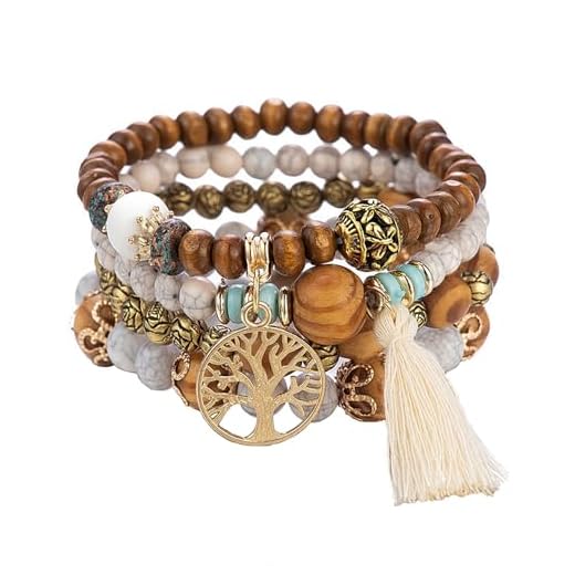 SHUBEIEUMI 4 Unidades Cuentas de Madera Natural Pulsera, Bohemia Madera Cadena de Manos, Pulsera Elástica para Hombre Mujer