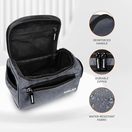 Image of KUKLAR Large Travel Toiletry Bag for Men, Water-Resistant Canvas Dopp Kit with Front Zipper Pocket, Portable Bathroom Hygiene & Grooming Organizer Bag for Vacation & Gym Grey