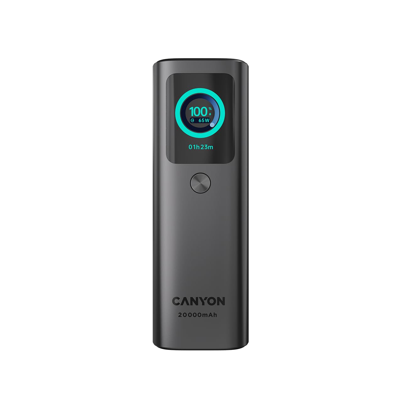 CANYON OnPower 265 Power Bank 20000 mAh 165 W, Dual 100 W USB-C, USB-A, cavo USB-C integrato da 60 cm, display TFT, approvato dalle compagnie aeree, grigio scuro