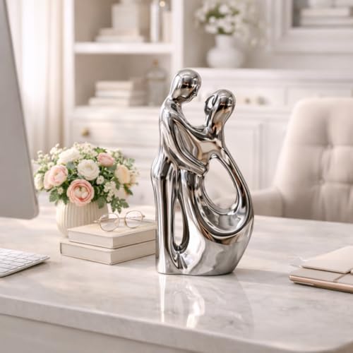 Image of Xtore Abstract Metallic Couple Ceramic Figurine for Modern Home Decor, Symbolic Love Sculpture