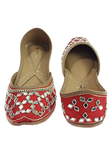 Image of Fulkari Women's Mirror Genuine Soft Leather Juttis | Bite and Pinch Free Jutis | Ladies Punjabi Jutti | Wedding Flat Stylish Mojari | Phulkari Ethnic Flats For Girls |