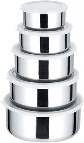 Cuencos para mezclar con tapas, 5 cuencos profundos para almacenamiento de cocina, juego de cuencos de acero inoxidable plateado para cocinar