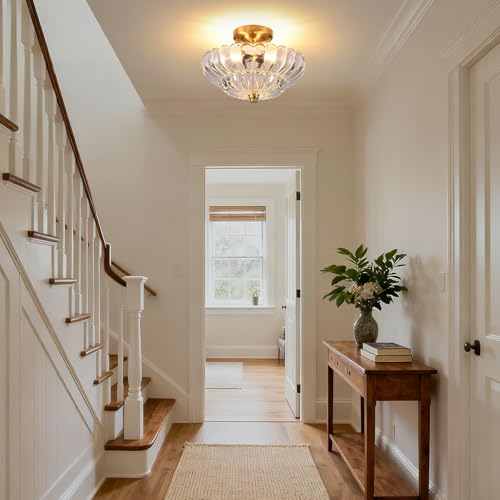 Image of Semi Flush Mount Ceiling Light, 11.8 Inch Gold Vintage Hallway Light Fixture with Transparent Glass, Close to Ceiling Light for Bedroom Kitchen Living Room Bathroom Foyer, E26 Base