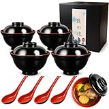 JapanBargain 3424, Soup Bowls with Lid and Spoon Set for Miso Soup Rice Poke Donburi Noodle Pasta Cereal Black and Red Color Japanese Style with Hook Spoon, 21 oz, Pack of 4