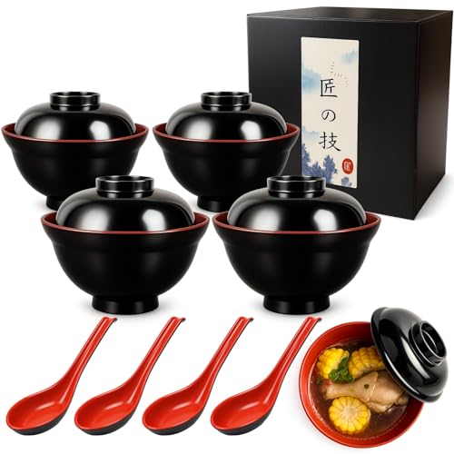 JapanBargain 3424, Soup Bowls with Lid and Spoon Set for Miso Soup Rice Poke Donburi Noodle Pasta Cereal Black and Red Color Japanese Style with Hook Spoon, 21 oz, Pack of 4