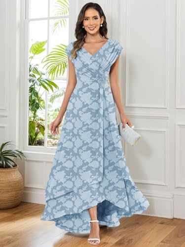 Cap Sleeves Mother of The Bride Dresses for Women V Neck Lace Applique Pleated Floral Print Chiffon Formal Wedding Guest Gown4