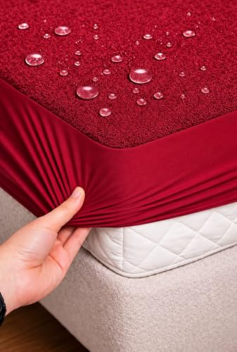 Image of Waterproof Mattress Protector 60x72 inch (5x6ft) | Elastic Fitted Bedsheet | Soft & Durable Gadda Cover Dustproof By Bharat Griha BG16 (Maroon, Queen 60x72 inch (5x6ft), Mattress Cover)