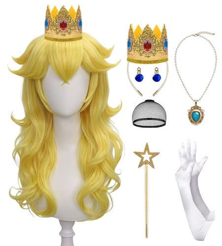Ruina 7pcs Women Golden Blonde Princess Wig for Peach Costume Cosplay Adults with Crown Wand Necklace Earrings Gloves Wig Cap - Wavy Wig for Halloween Birthday Party - Pre-cut Bangs & Soft R061