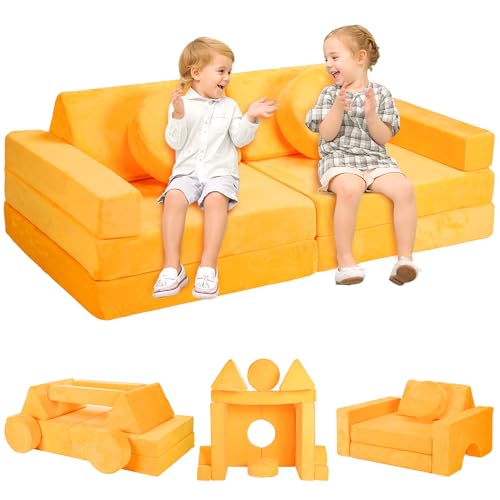 Image of Rengue 14PCS Modular Kids Play Couch, DIY Modular Toddler Couch for Playroom & Bedroom, Baby Play Couch, Creative Furniture Set, Easy to Build Magical Forts in Your Playroom/Indoor/Nursery (Yellow)