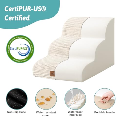Dog Stairs for Small Dogs 15.7" H, Curved Dog Step for Puppy, Older Cat, Medium Pet Ramp for Sofa, Couch or Chair, Ladder with High Density Foam, 15.7x22.4x15.7 inch, 3 Step, Beige - Image 5