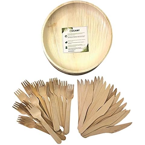 Kit of plates and cutlery made of disposable palm leaves. 20 round plates Ø 19 cm (diameter) + 20 forks + 20 knives. Ecological dinner service for events. Natural materials, no abrasive chemicals Cover