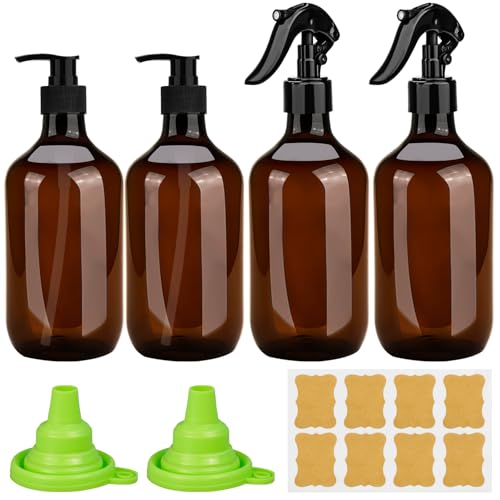 benlidoner Soap Dispenser Set with 2 Pcs Spray Bottles 500ml Amber Pump Bottle Dispenser Refillable Hand and Dish Soap Dispenser with Label Funnel for Bathroom Kitchen Countertop, 4 Pack