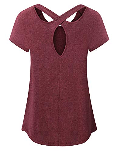 Yoga Tunic Tops For Leggings For Women, Womans Essential Tshirts Scoop Neck Stylish Open Back Raglan Sleeve Soft Elastic Knitted Slim Fit Petite Active Wear Shirts And Blouses Red M #TOP1