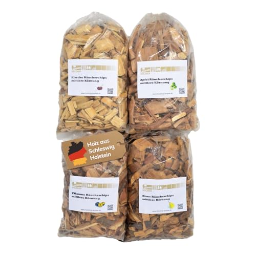 Landree® Starter-Set Räucherchips Kirsche, Apfel, Birne, Pflaume - 4 x 2 Liter -Altes Land- Wood Chips für Grill Smoker BBQ