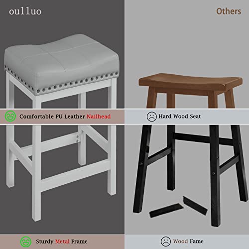 Oulluo Counter Height Bar Stools, 24 Inch Bar Stools Set Of 2 Grey, Leather Saddle Stools For Kitchen Island, Modern Kitchen Stools With Nailhead Trim Cushion Seat White Metal Legs,918Ng #TOP5