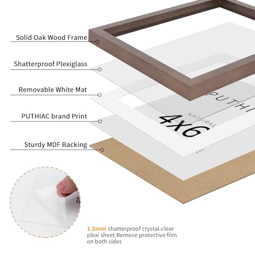 puthiac 4x6 Oak Wood Picture Frame - 4"x6" Photo Frame, 4x6 Picture Frame Wood, Natural Solid Wooden Picture Frames for Wall Art Photo and Prints(1 Pack, Walnut)