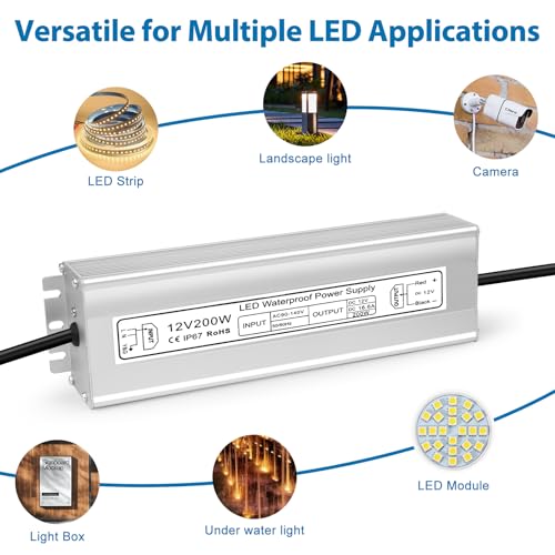 Image of LED Driver 200W 12V Power Supply, IP67 Waterproof Low Voltage Transformer, AC 90-130V to DC 12V 16.6A Converter for Outdoor Landscape Lighting, LED Strip, with 3-Prong Plug 3.3 Feet Cable