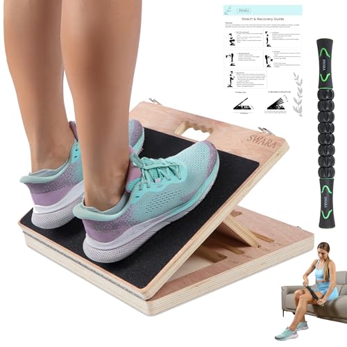 14″ Wide Premium Portable Wooden Slant Board, Thicker Bottom – Professional Adjustable Calf Stretching, Beginner & Rehab Friendly, Exercise Guide and Bonus Muscle Roller, Squats, Physical Therapy