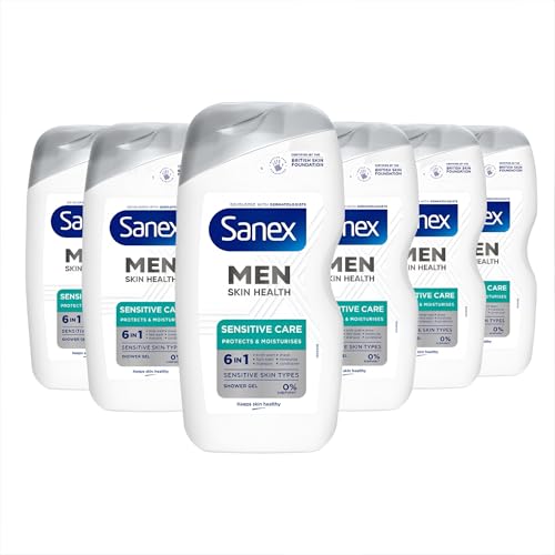 Sanex Men Skin Health Sensitive Care Shower Gel 400ml x 6 - men’s body wash - protects skin - helps reduce risk of irritation - enhances natural hydration - 6-in-1 benefits - dermatologically tested