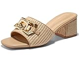 Coutgo Womens Raffia Slide Sandals Chunky Block Heeled Square Open Toe Metal Chain Slip on Mules Dressy Shoes, Khaki, Size 9