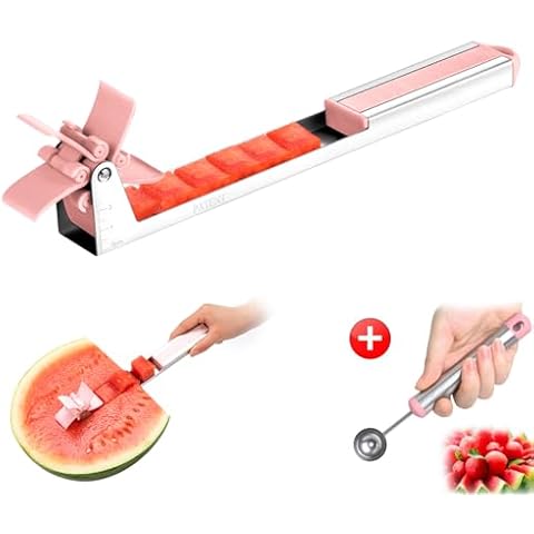 Watermelon Slicer Watermelon Cube Cutter Knife Corer Windmill Stainless Steel Watermelon Fruit Tools with Melon Baller Scooper Easy Slicer Unique Kitchen Gadgets Watermelon Knife Home Gift (Pink) Cover