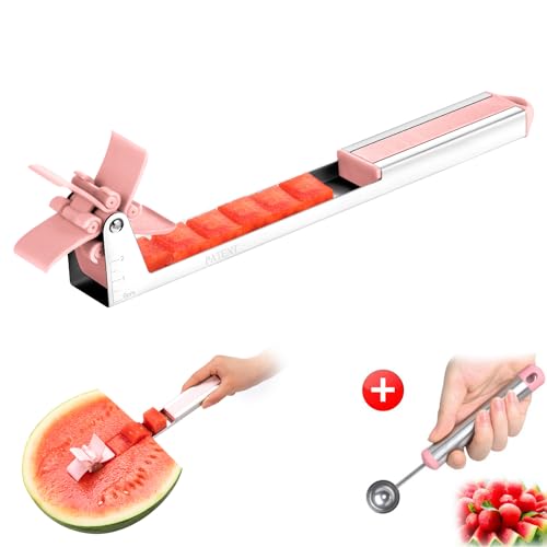 Watermelon Slicer Watermelon Cube Cutter Knife Corer Windmill Stainless Steel Watermelon Fruit Tools with Melon Baller Scooper Easy Slicer Unique Kitchen Gadgets Watermelon Knife Home Gift (Pink)