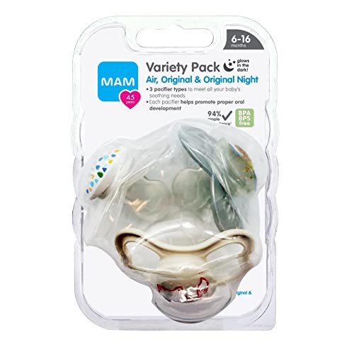 Image of MAM Variety Pack Baby Pacifier, Includes 3 Types of Pacifiers, Nipple Shape Helps Promote Healthy Oral Development, 3 Pack, 6-16 Months, Unisex
