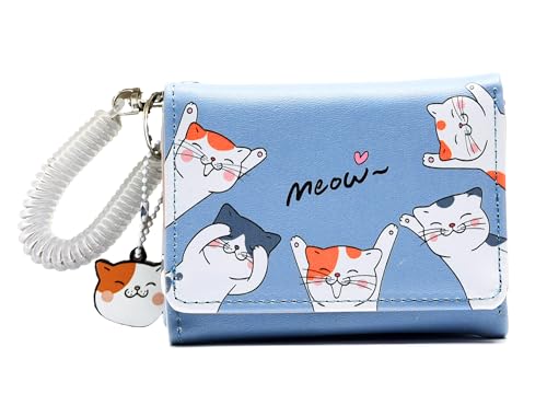 Small Womens Wallet, Cute Cat Tri-Folded Girls Wallet Slim Kawaii Wallet for Teens, Fashion Small Wrist Wallet with Cash Pocket Card Holder ID Window (Cat Blue)