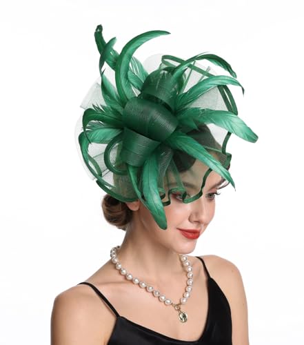 KERITANE Women Fascinators Hats Flower Fascinators with Headband and Clip Tea Party Headwear for Women and Girls (US Alpha Medium N2-Green)