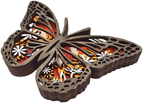 RUNOLIG 3D Wooden LED Light Animal Statue Hollow Multi-Layer Forest Animals Ornaments Light up Wooden Butterfly Carved Crafts Desktop Decor Animal Shelf Table Animal Silhouette Christmas Decorations