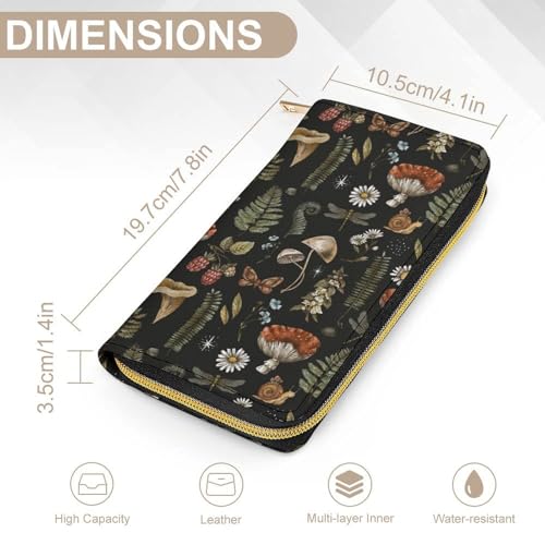 Portable Travel Wallet for Women, Witchy Mystery Vintage Magic Mushrooms Fall Leaf Floral Pu Leather Travel Long Purse Waterproof Large Capacity Multiple Card Holder Wallet2