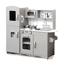 KIDOZ Wooden Toy Kitchen, Large Pretend Play Kitchen With Realistic Oven, Microwave and Sink With Taps, Kitchen Playset with Sounds and Lights For Kids (New Grey (Kitchen with Utensils)