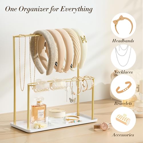Headband Holder Organizer Metal 2-Tier with Tray: Hair Accessories Display Stand Storage Hairband Rack Necklace Stand Home Bedroom for Girls Women, Gold2