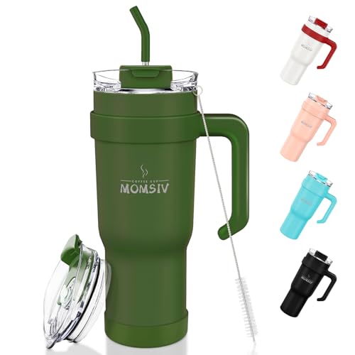 MOMSIV 40oz Thermobecher mit Stroh und Griff, 1100ml Kaffeebecher, Doppelwandiger Edelstahl Vakuum Auslaufsicher Isolierbecher Autobecher mit Deckel für Kalte Heiße Getränke, Grün