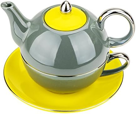 Siena Collection, 14 Oz Classic Tea Cup with Saucer and Teapot Set, Porcelain Coffee Set, Mini Single Serving Service, Grey/Yellow