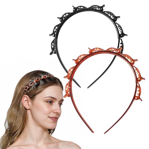 Diadema trenzas con pinzas para mujer, 2 diademas para niñas, diadema con clip para mujeres y niñas, negro y marrón