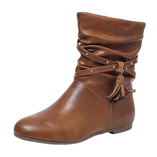 Women's Mid Calf Boots Wrinkled Side Zipper Fringe Design Round Toe Low Heel Ankle Booties Comfortable Casual Boots