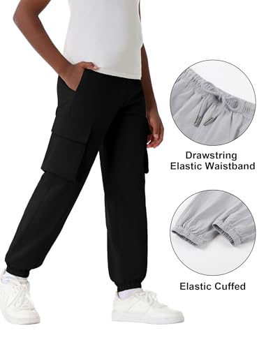 EXARUS 3 Pack Boys Cargo Joggers Pants Kids Cotton Quick Dry Lightweight Drawstring Hiking with Pockets Elastic Waist4