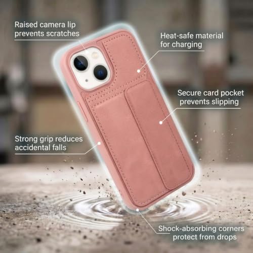 Image of amazon basics Luxury Vegan Leather Back Cover for iPhone 14 | Built-in Card Holder Slot | Integrated Mobile Stand | Slim Shockproof Protective Case with Stitched Finish - Pink