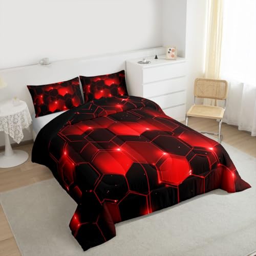 Image of Feelyou Honeycomb Bedding Set Full Size, Beehive Geometric Black Red Comforter Set Geometrical Comforter for Kids Boys Girls Teens Geometric Honeycomb Duvet Set Durable Quilt Set Full Size