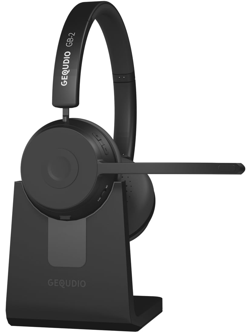 GEQUDIO Berlin - Cuffie Bluetooth con microfono, senza fili, per PC, Mac e laptop, con stazione di ricarica, multipoint e 500 ore di standby, per casa e lavoro (con stazione di ricarica)
