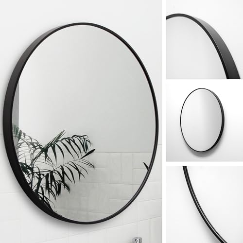 M MERCEO Spiegel rund 70cm, eingefasst im edlen schwarzen Aluminium Rahmen - aufhängefertiger Wandspiegel mit kristallklarer Spiegelung mit High-Definition-Glas - für Bad, Flur, Wohnzimmer