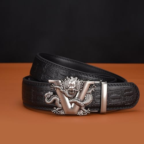 Ratchet Embossed Leather Belts with Engraved V-Dragon Automatic Sliding Gold Buckle Handmade Crocodile Pattern Strap4