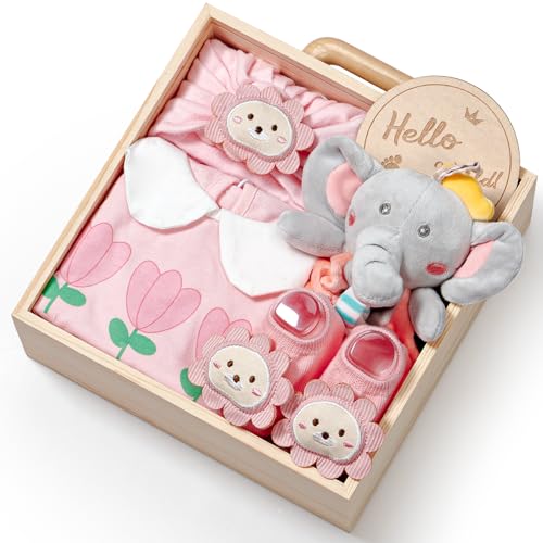 TUZT Wooden Baby Girls Gift Set, Baby Shower Gifts for Girls, Unique Newborn Essential Stuff with Blanket Onesies Lovey Bib and Socks, Gender Reveal...