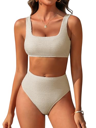 Image of ANRABESS Women' Two Piece Bikini Sets, High Waist Square Neck Swimsuits ,Ribbed Textured Comfy Bathing Suits,Beach Swim Wear