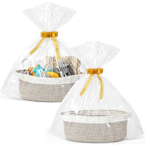 2 Pack Small Woven Basket with Gift Bags and Ribbons, Empty Decorative Gift Chest Box, Cute Baby Gift Basket for Nursery, Cotton Rope Room Shelf...