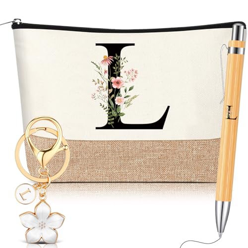 Hestya Lot de 3 Cadeaux pour Femmes Maman avec Initiale Florale Trousse de Maquillage Porte-Clés Stylo à Bille Cadeaux pour Amie Mariée Demoiselle d'honneur...